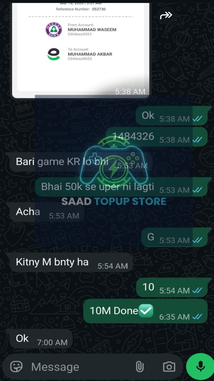 WhatsApp review from Tariq Jameel Jr — game top up Pakistan JazzCash Easypaisa Free Fire diamonds