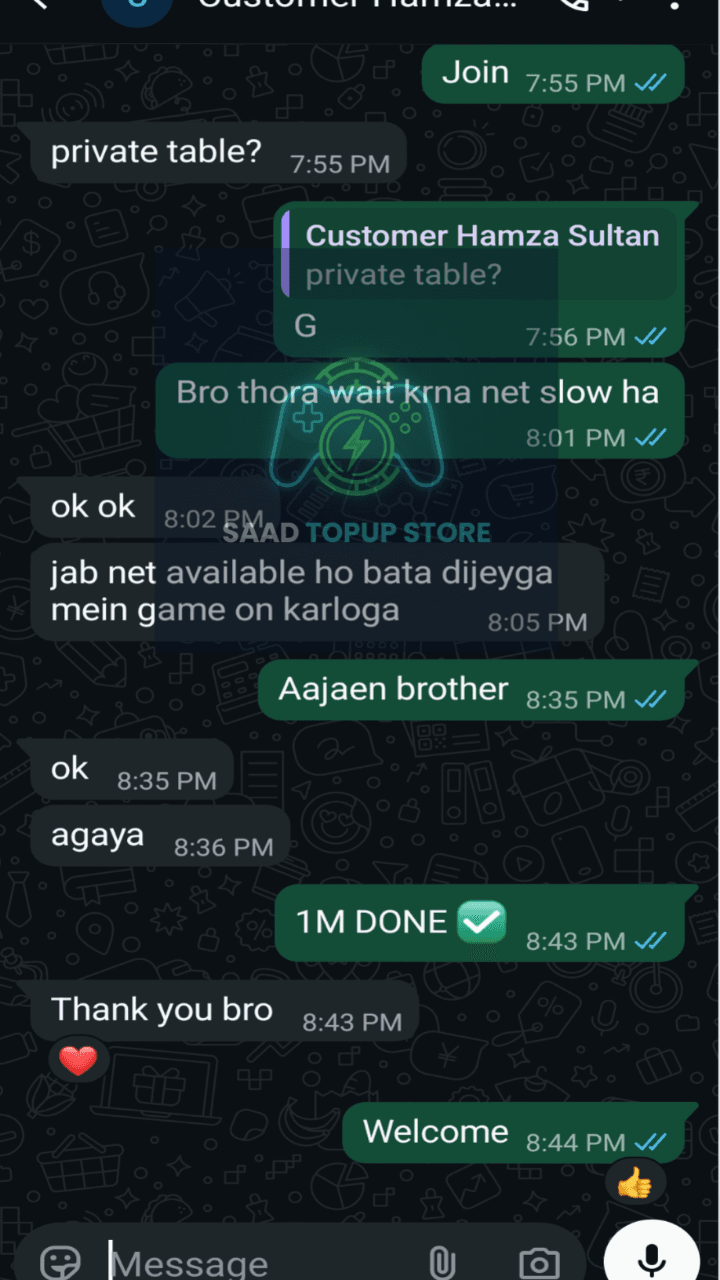 WhatsApp review from Moiz Hassan — instant Free Fire top up Pakistan cheapest price