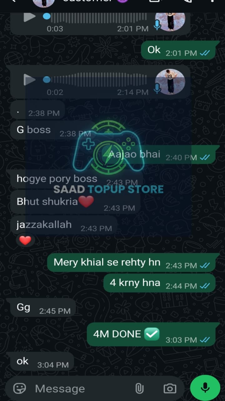 WhatsApp review from Hamza Tariq — cheap Free Fire diamonds Pakistan Easypaisa instant