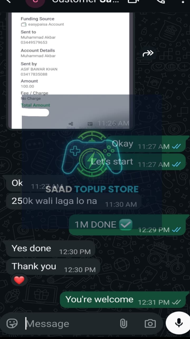 WhatsApp review from Abdullah Khan — reliable gaming top up store Pakistan trusted service